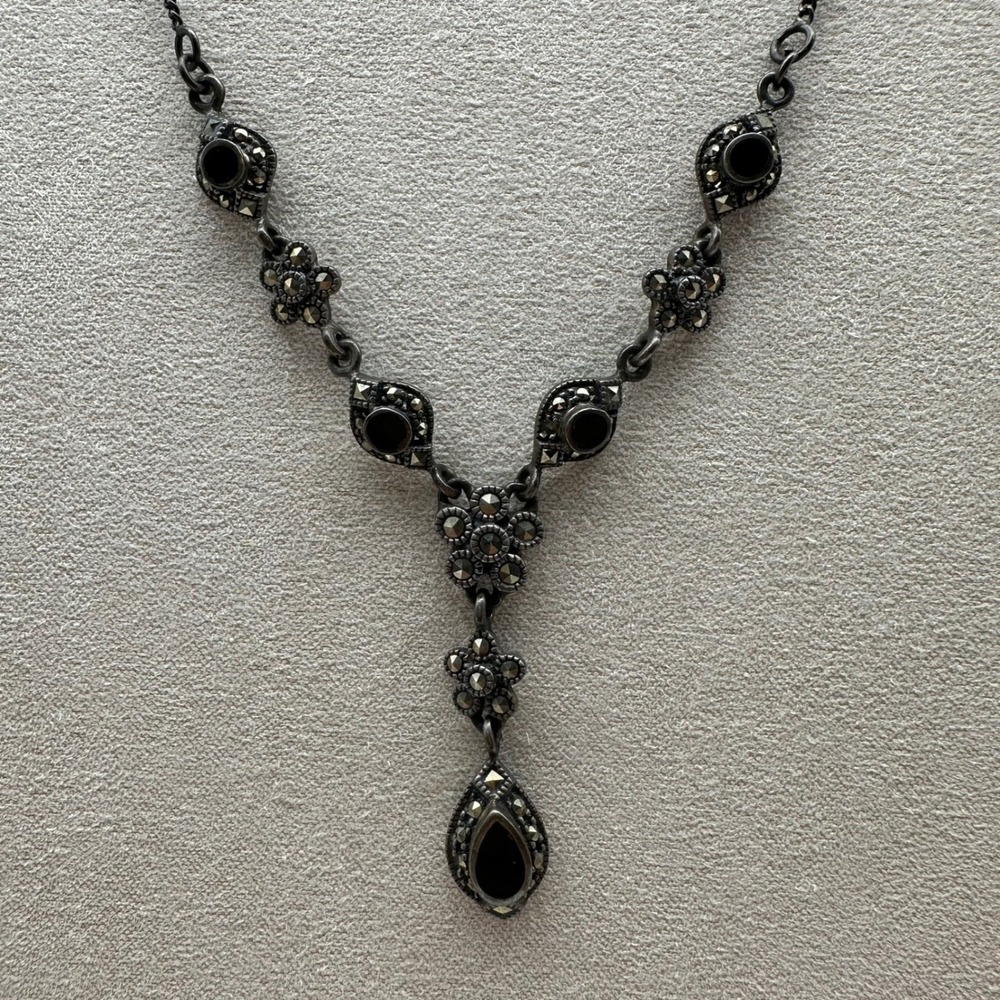 Vintage Womens Necklace 925 Sterling Silver Black Onyx Marcasite Gothic Drop Y